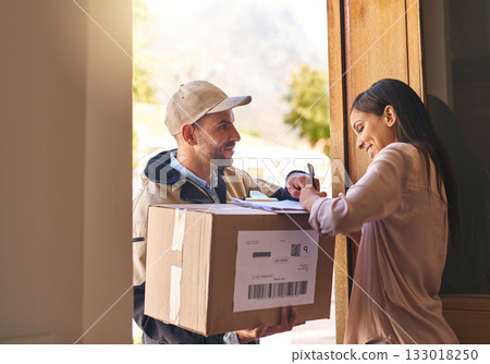 Signature, woman and courier with a box, delivery and distribution with a box, service and professional. Female person, client or employee with a package, sign and shipping with a parcel or cardboard Signature, woman and courier with a box, delivery and distribution with a box, service and professional. Female person, client or employee with a package, sign and shipping with a parcel or cardboard 133018250