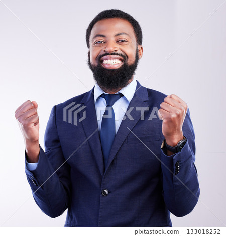 Yes, winner portrait and business black man isolated on gray background celebration for opportunity, bonus or winning. Happy person, fist pump and celebrate corporate promotion or job news in studio Yes, winner portrait and business black man isolated on gray background celebration for opportunity, bonus or winning. Happy person, fist pump and celebrate corporate promotion or job news in studio 133018252