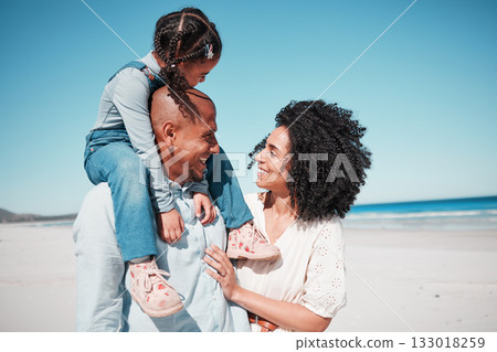 Happy, love and family at the beach while on a vacation, adventure or summer weekend trip. Happiness, smile and girl child by the ocean with her parents while on a tropical seaside holiday in Mexico. Happy, love and family at the beach while on a vacation, adventure or summer weekend trip. Happiness, smile and girl child by the ocean with her parents while on a tropical seaside holiday in Mexico. 133018259