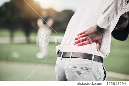 Sports, muscle and golf, black man with back pain during game on course, massage and relief in health and wellness. Green, hands on injury in support and golfer with ache at golfing workout on grass. Sports, muscle and golf, black man with back pain during game on course, massage and relief in health and wellness. Green, hands on injury in support and golfer with ache at golfing workout on grass. 133018294