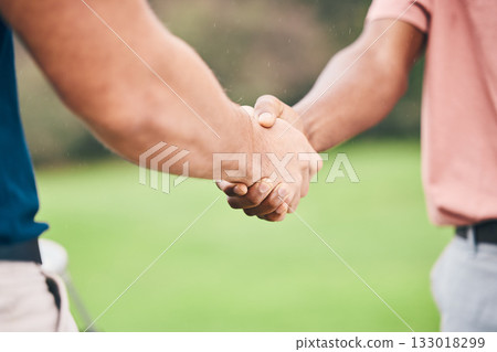 People, handshake and sport for partnership, trust or unity in community, collaboration or teamwork on grass field. Team of sporty players shaking hands on golf course for club, game or outdoor match People, handshake and sport for partnership, trust or unity in community, collaboration or teamwork on grass field. Team of sporty players shaking hands on golf course for club, game or outdoor match 133018299