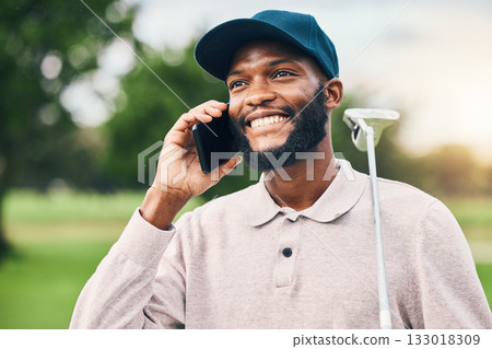 Black man, phone call and communication on golf course for sports conversation or discussion outdoors. Happy African male smiling and talking on smartphone while golfing for sport hobby in nature 133018309