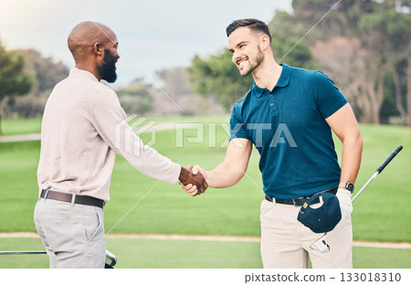 Man, friends and handshake on golf course for sports, partnership or trust on grass field together. Happy sporty men shaking hands in collaboration for good match, game or competition in the outdoors 133018310
