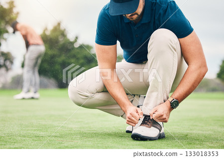 Sports, tying and shoes of man on golf course for training, games and tournament match. Ready, start and tie laces with athlete playing in club on lawn field for relax, golfing and competition 133018353