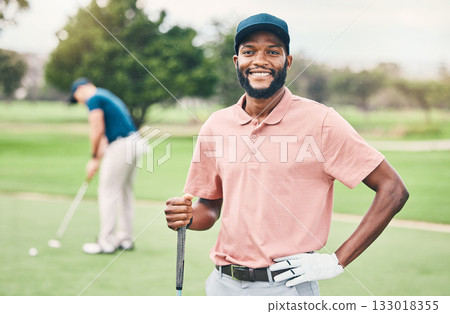 Golf, sports and portrait of black man with smile on course for game, practice and training for competition. Professional golfer, relax and happy male athlete for exercise, activity and recreation Golf, sports and portrait of black man with smile on course for game, practice and training for competition. Professional golfer, relax and happy male athlete for exercise, activity and recreation 133018355