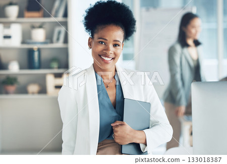Digital tablet, portrait and businesswoman in the office with confidence while working on a project. Happy, smile and professional African female leader standing with mobile device in the workplace. 133018387