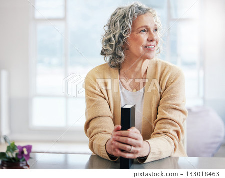 Bible book, happy or thinking old woman for holy worship, support or hope in Christianity or faith. Believe, prayer or senior person studying, praying or learning God in spiritual text in religion 133018463