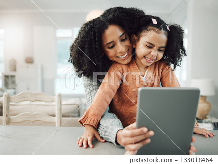 Tablet selfie, happy family and mother and child having fun, bonding and enjoy quality time together in London home. Memory photo, happiness and mom embracing young girl, kid or youth for picture 133018464