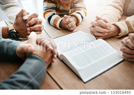 Bible, reading book or hands of big family in prayer, support or hope in Christian home for worship together. Mother, father or grandparents studying, praying or asking God in religion with children 133018493