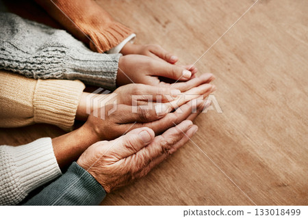 People, hands together and generations in care above on mockup for unity, compassion or trust on wooden table. Group holding hand in collaboration, love or support for community, teamwork or union People, hands together and generations in care above on mockup for unity, compassion or trust on wooden table. Group holding hand in collaboration, love or support for community, teamwork or union 133018499