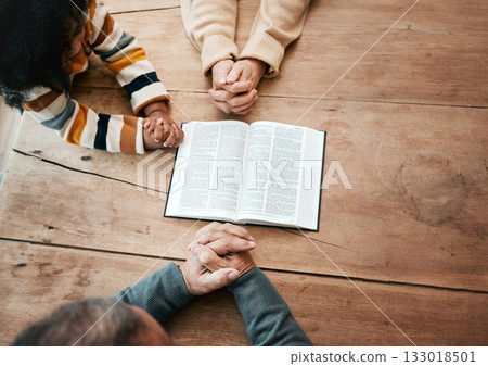 Bible, reading book or hands of grandma with children for worship, support or hope in Christianity for education. Kids siblings or grandmother studying, praying or learning God in religion together 133018501