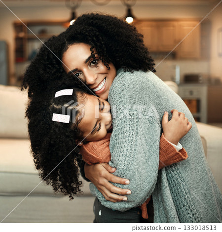 Family, portrait or child hug mother for Mothers Day, home bonding or embrace in house living room. Care, love and happy mom, mama or woman smile with female youth kid, girl or daughter in apartment 133018513