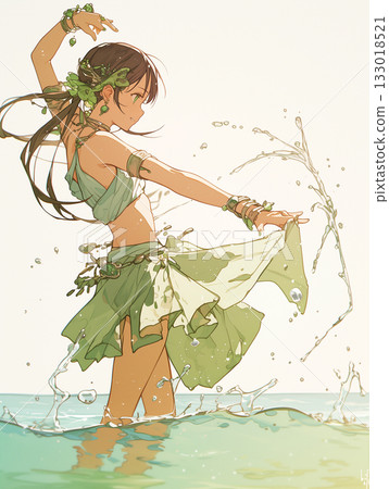 美麗的動漫少女在水邊翩翩起舞——夏日的陽光和清澈的水花——夢幻而細膩的動漫插畫 133018521