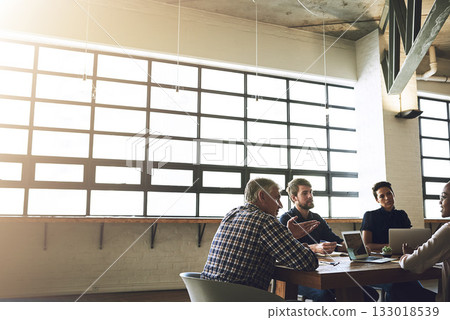 Teamwork, strategy and discussion with business people in meeting for project management, idea and brainstorming. Planning, commitment and partnership with group of employees for review and startup 133018539