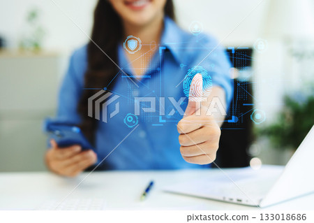 Biometric cyber security system and access control concept. Businessman using mobile smartphone tablet and laptop 133018686