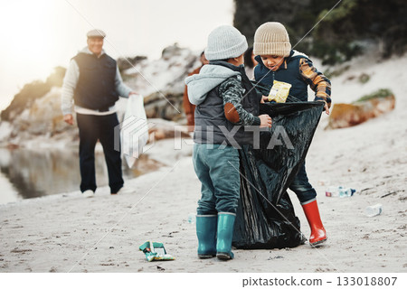 Environment, plastic bags and children on beach, recycle and cleaning on earth day, reduce waste and helping. Friends, volunteers and kids with climate change project, sustainability or pick up trash Environment, plastic bags and children on beach, recycle and cleaning on earth day, reduce waste and helping. Friends, volunteers and kids with climate change project, sustainability or pick up trash 133018807