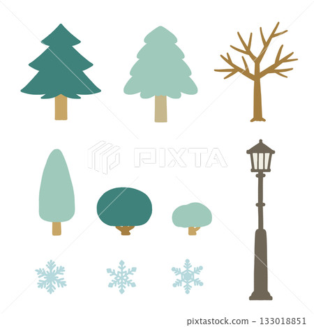 公園樹木、雪花和路燈的平面插圖(一套) 公園樹木、雪花和路燈的平面插圖(一套) 133018851