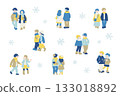 Flat illustration (set) of a friendly couple [man and woman] in winter clothes and snowflakes 133018892
