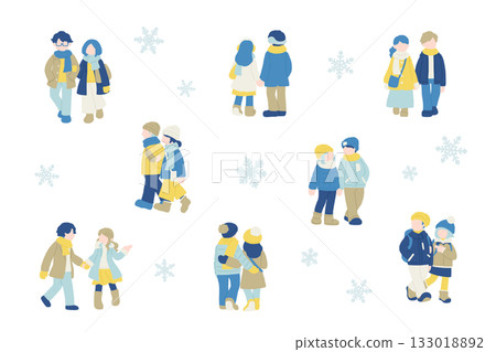 Flat illustration (set) of a friendly couple [man and woman] in winter clothes and snowflakes 133018892