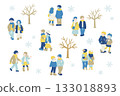 Flat illustration (set) of a friendly couple [men and women] in winter clothes walking on a snowy day 133018893