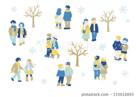 一組扁平插畫，描繪了一對友善的男女身著冬裝，在雪天漫步。 133018893