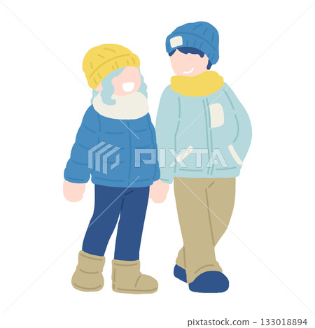 一對穿著冬裝、手牽手的友好情侶（一男一女）的扁平化插畫。 133018894