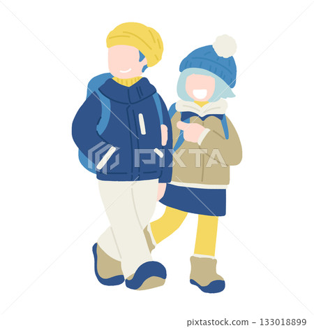 Flat illustration of a friendly couple [man and woman] in winter clothes holding hands 133018899