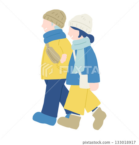 A horizontal flat illustration of a friendly couple [man and woman] in winter clothes holding hands 133018917