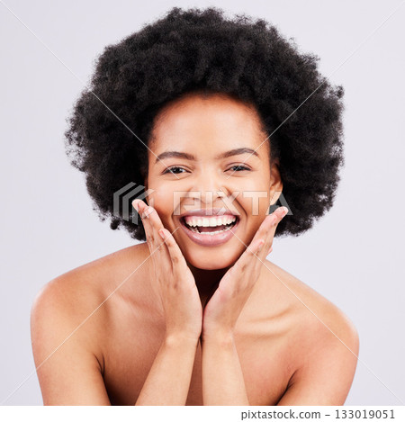 Hands, skincare and portrait of black woman in studio with natural, hair and cosmetics on grey background. Soft, portrait and girl model relax with haircare, body care or dermatology satisfaction Hands, skincare and portrait of black woman in studio with natural, hair and cosmetics on grey background. Soft, portrait and girl model relax with haircare, body care or dermatology satisfaction 133019051