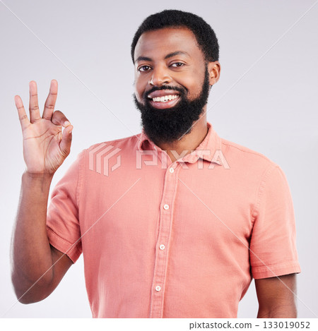 Portrait, perfect and hand gesture with a black man in studio on a gray background to say magnifique. Emoji, communication and okay with a happy or handsome young male speaking in sign language Portrait, perfect and hand gesture with a black man in studio on a gray background to say magnifique. Emoji, communication and okay with a happy or handsome young male speaking in sign language 133019052
