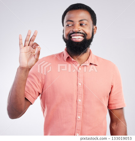 Perfect, happy and okay sign with black man in studio for deal, success and good news. Thank you, agreement and emoji with male isolated on gray background for celebration, opinion and confidence Perfect, happy and okay sign with black man in studio for deal, success and good news. Thank you, agreement and emoji with male isolated on gray background for celebration, opinion and confidence 133019053