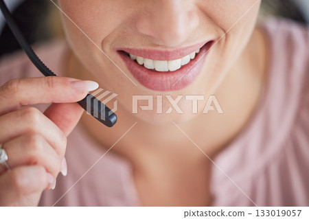 Microphone, mouth or woman in call center, communication or telemarketing in customer service. Zoom of smile, female agent or happy consultant speaking or talking at technical support or help desk 133019057