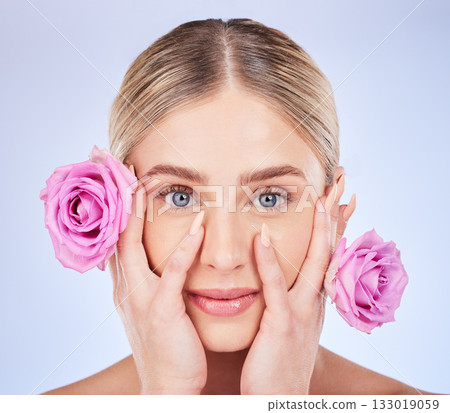 Beauty, manicure and rose with portrait of woman for self care, natural cosmetics and glow. Spring, spa and facial treatment with girl model and flowers for blossom, organic and plants in studio 133019059