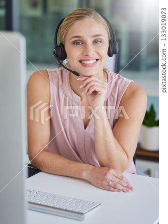 Crm, face or portrait of woman in call center with smile, helping or telemarketing online. Technical support, consultant or happy insurance agent in communication at customer services or sales job 133019073