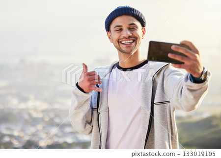 Fitness, man and sunset with smile for selfie on mountain in social media, vlog or profile picture in nature. Happy male hiker smiling for photo, memory or online post in healthy wellness outdoors Fitness, man and sunset with smile for selfie on mountain in social media, vlog or profile picture in nature. Happy male hiker smiling for photo, memory or online post in healthy wellness outdoors 133019105