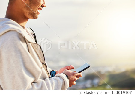 Fitness man, hands and phone on mockup in social media, chatting or texting for travel, journey or trip in nature. Hand of male typing on smartphone with 5G connection for hiking, GPS or sunset view Fitness man, hands and phone on mockup in social media, chatting or texting for travel, journey or trip in nature. Hand of male typing on smartphone with 5G connection for hiking, GPS or sunset view 133019107