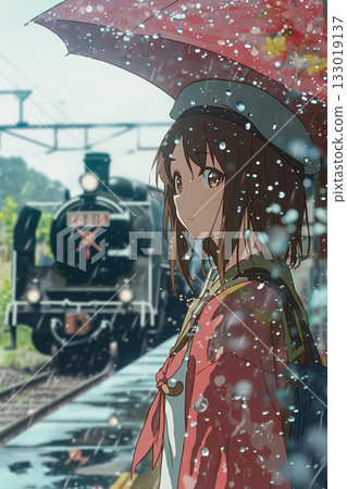 A beautiful anime girl standing on a rainy train platform. A scene of a steam locomotive and raindrops. An anime illustration that evokes tranquility and nostalgia. 133019137