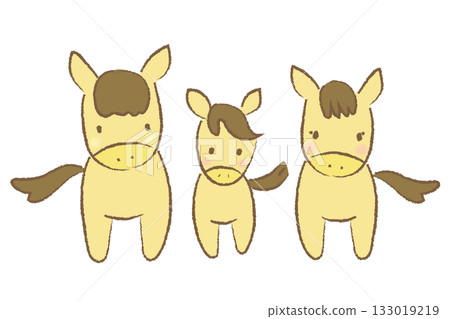 新年賀卡插畫素材。一幅可愛的手繪插圖，描繪了一位母親和她的小馬面向前方。 133019219