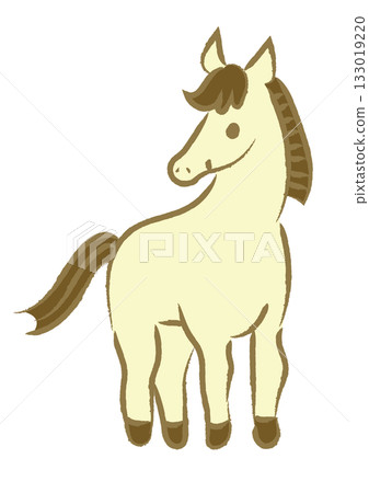 Illustration material for New Year's cards. A cute, hand-drawn, full-body image of a cream-colored horse. 133019220