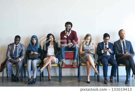 People, recruitment and group waiting for job interview, diversity and hiring opportunity in business. Happy, worker and recruiting success or career, human resources and resume application 133019413