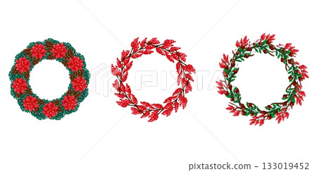 Three Festive Christmas Holiday Wreaths 133019452