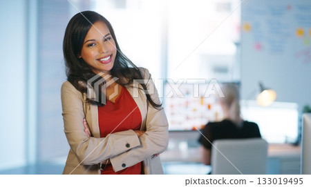 Portrait, business and woman with arms crossed, employee and happiness in a workplace. Face, happy female person and professional with confidence, consultant and startup success with career and smile Portrait, business and woman with arms crossed, employee and happiness in a workplace. Face, happy female person and professional with confidence, consultant and startup success with career and smile 133019495