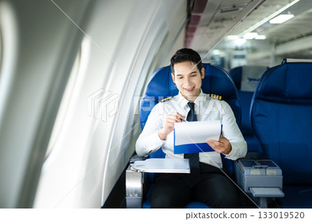 Confident airline pilot in uniform reviewing documents in airplane cabin, perfect for aviation, travel, and business lifestyle concepts. 133019520
