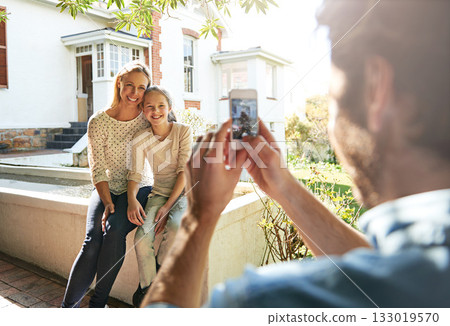 Family photography, house and camera phone photo of kid, mother or people with father taking cellphone picture. Love bond, outdoor and happy mom, dad and child care, smile and post to social network 133019570