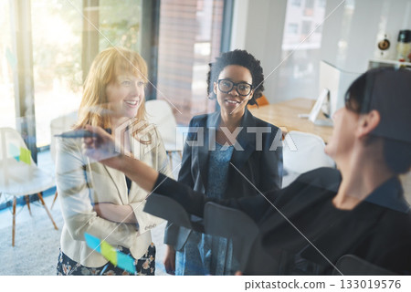 Happy women, teamwork and brainstorming notes on window for schedule, mindmap and planning goals, agenda or solution. Diversity, collaboration and ideas on glass of innovation, objectives and mission 133019576