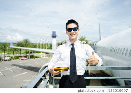 Airline pilot in uniform with sunglasses standing confidently outside airplane, ideal for aviation, travel, and professional pilot lifestyle imagery Airline pilot in uniform with sunglasses standing confidently outside airplane, ideal for aviation, travel, and professional pilot lifestyle imagery 133019607