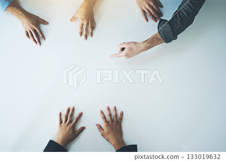 Space, brainstorming and hands of team using paper in collaboration and planning strategy. Our vision, idea discussion and closeup people group in business development meeting for project management 133019632