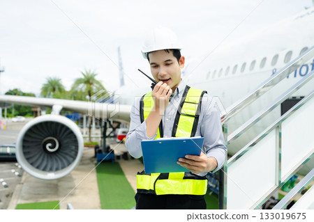 Ground crew engineer in safety vest and helmet using walkie talkie while inspecting airplane, perfect for aviation, maintenance, and travel safety imagery 133019675