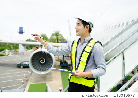 Aviation engineer inspects airplane for safety compliance. Professional aerospace technician at work in airport maintenance Aviation engineer inspects airplane for safety compliance. Professional aerospace technician at work in airport maintenance 133019678