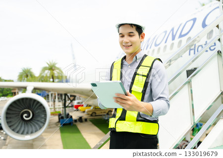 Ground crew engineer in safety vest and helmet pointing and holding documents during airplane inspection, perfect for aviation and flight safety themes Ground crew engineer in safety vest and helmet pointing and holding documents during airplane inspection, perfect for aviation and flight safety themes 133019679